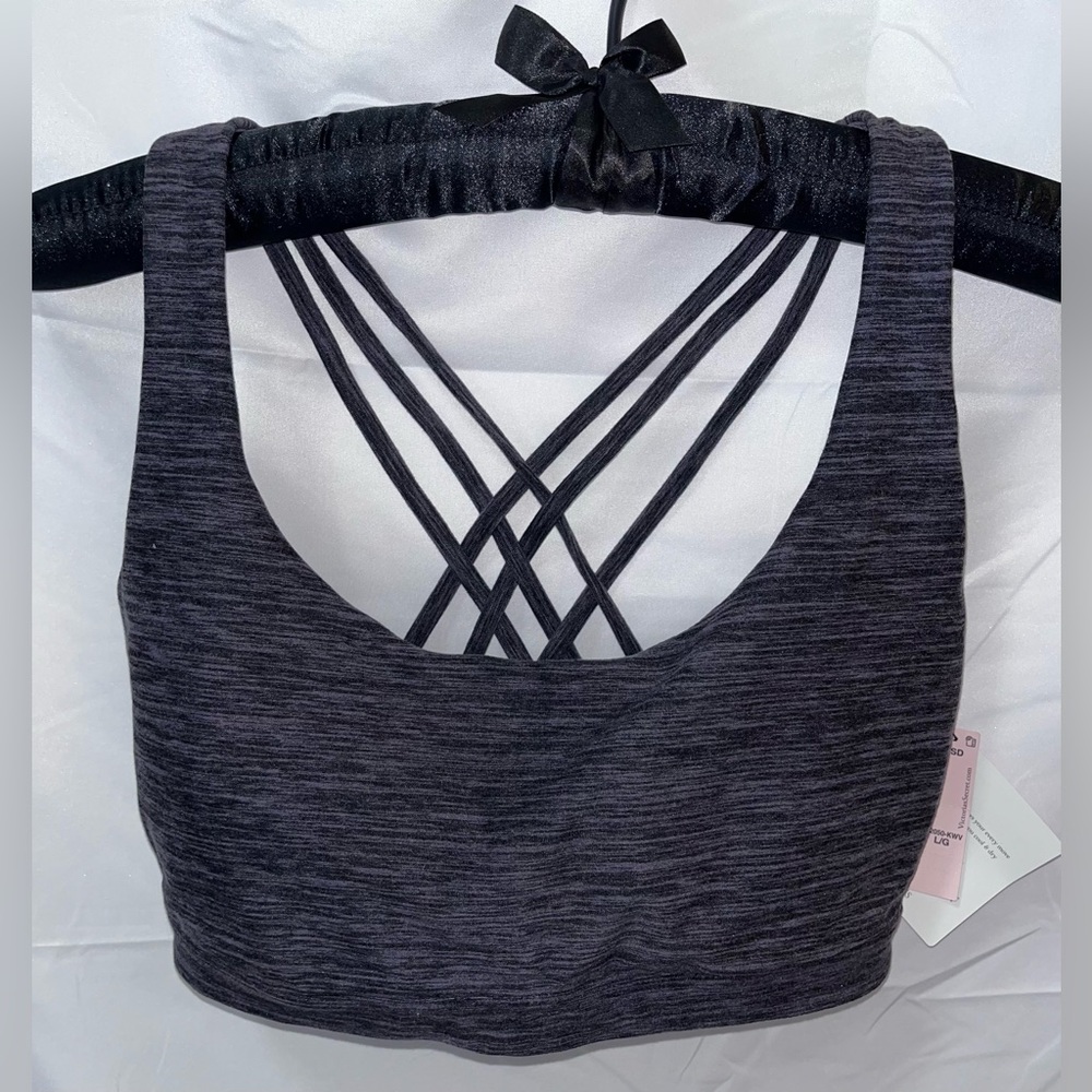 Victoria's Secret Charcoal Strappy Back Sports Bra with Gold ‘V’ Accent.